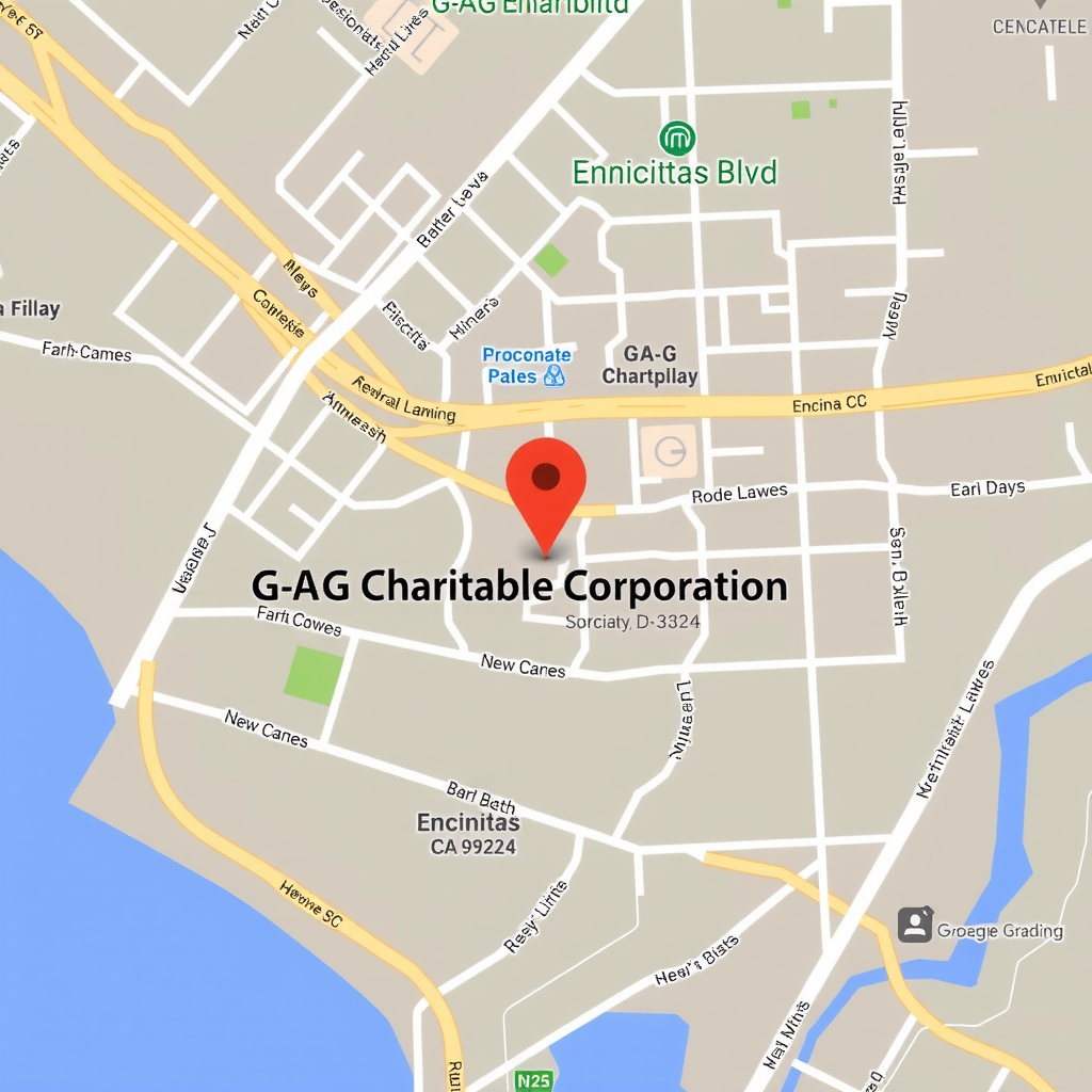 Map showing G A G Charitable Corporation location at 2240 Encinitas Blvd D-325, Encinitas, CA 92024, with surrounding streets and landmarks in the Encinitas area of California