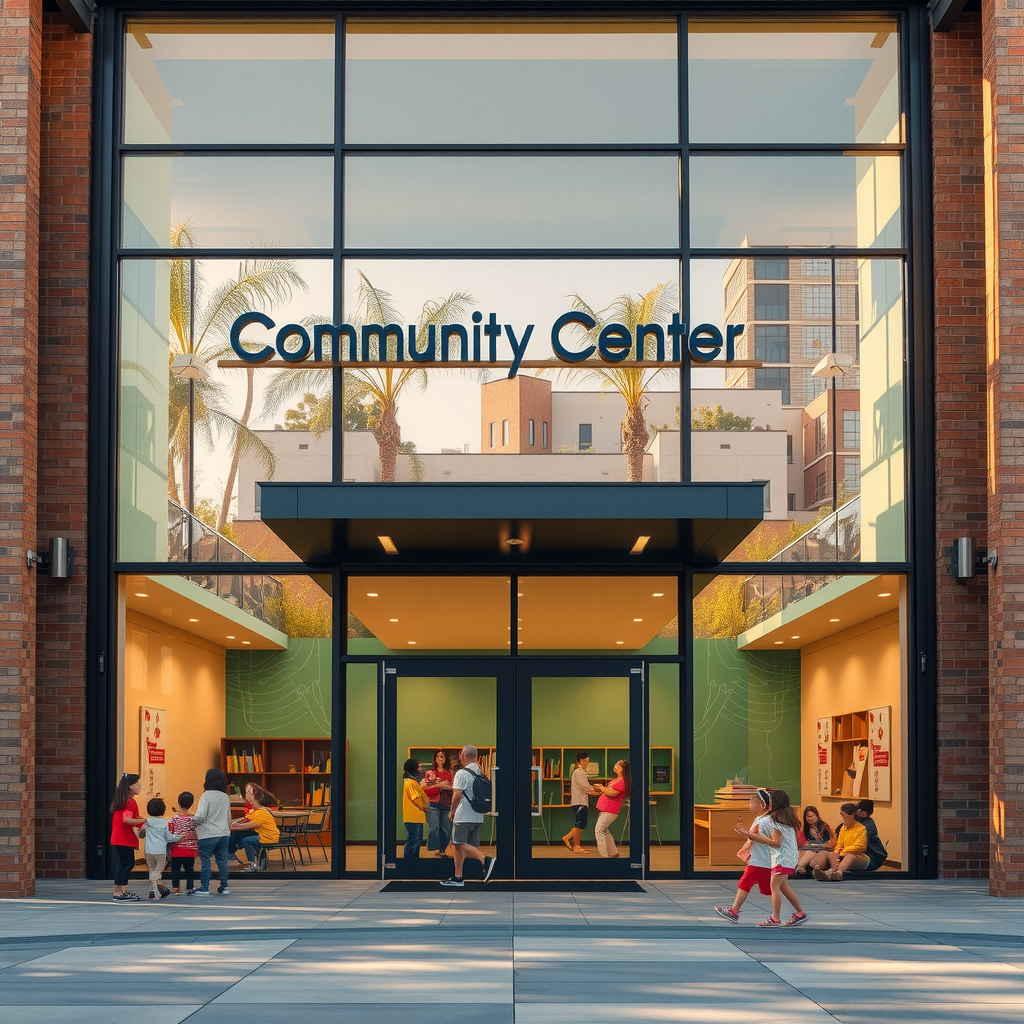 Modern community center building with large windows and welcoming entrance, children and families visible through glass doors, warm afternoon lighting, vibrant community atmosphere