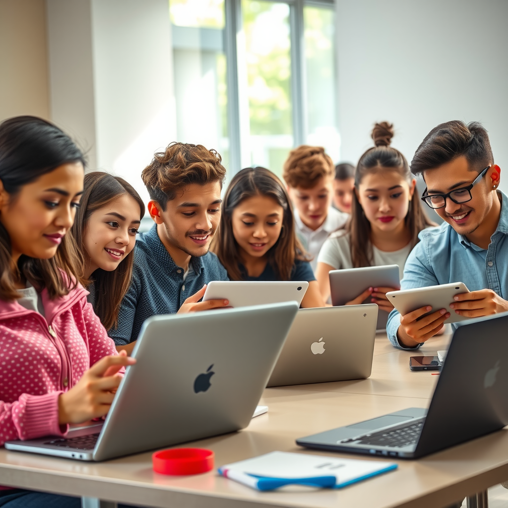 Diverse group of students using laptops and tablets in a modern classroom with bright natural lighting, showing technology access in education
