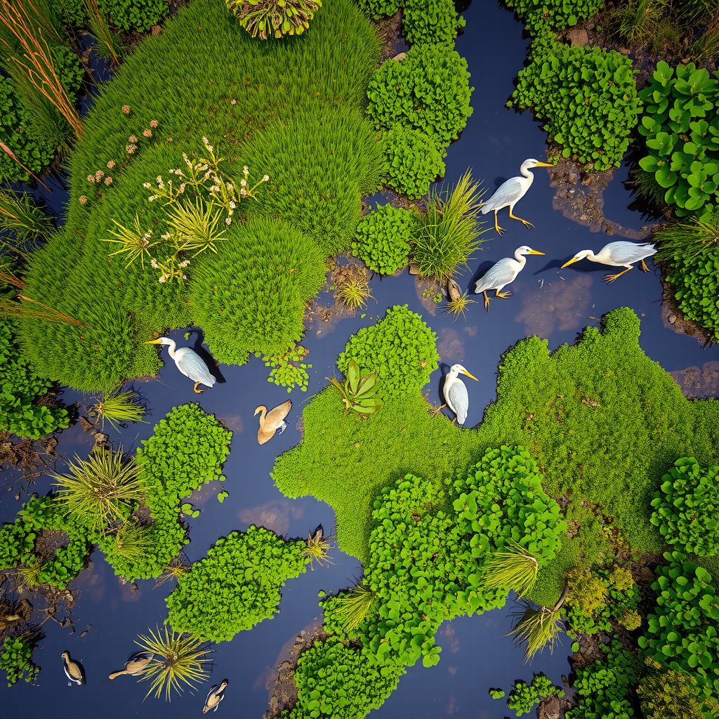 Aerial view of pristine wetlands with diverse wildlife including herons and waterfowl in their natural habitat surrounded by lush vegetation