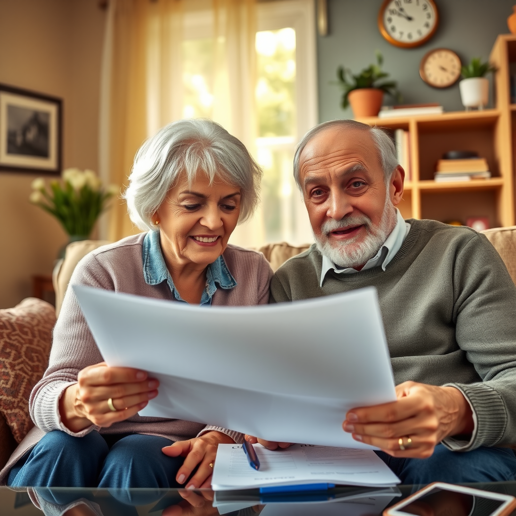 Elderly couple reviewing estate planning documents together at home with warm natural lighting