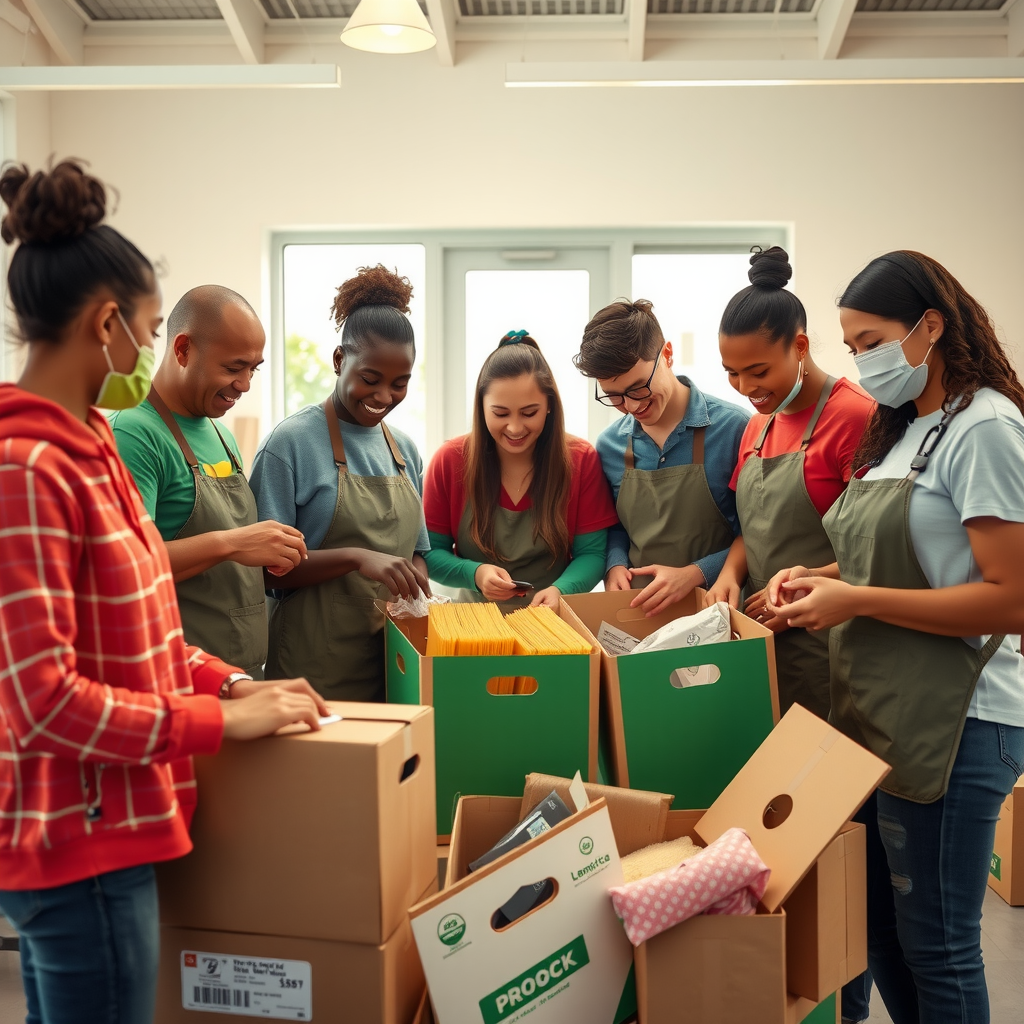 Diverse group of volunteers collaborating on community projects, organizing donated goods and working together in a bright community center space