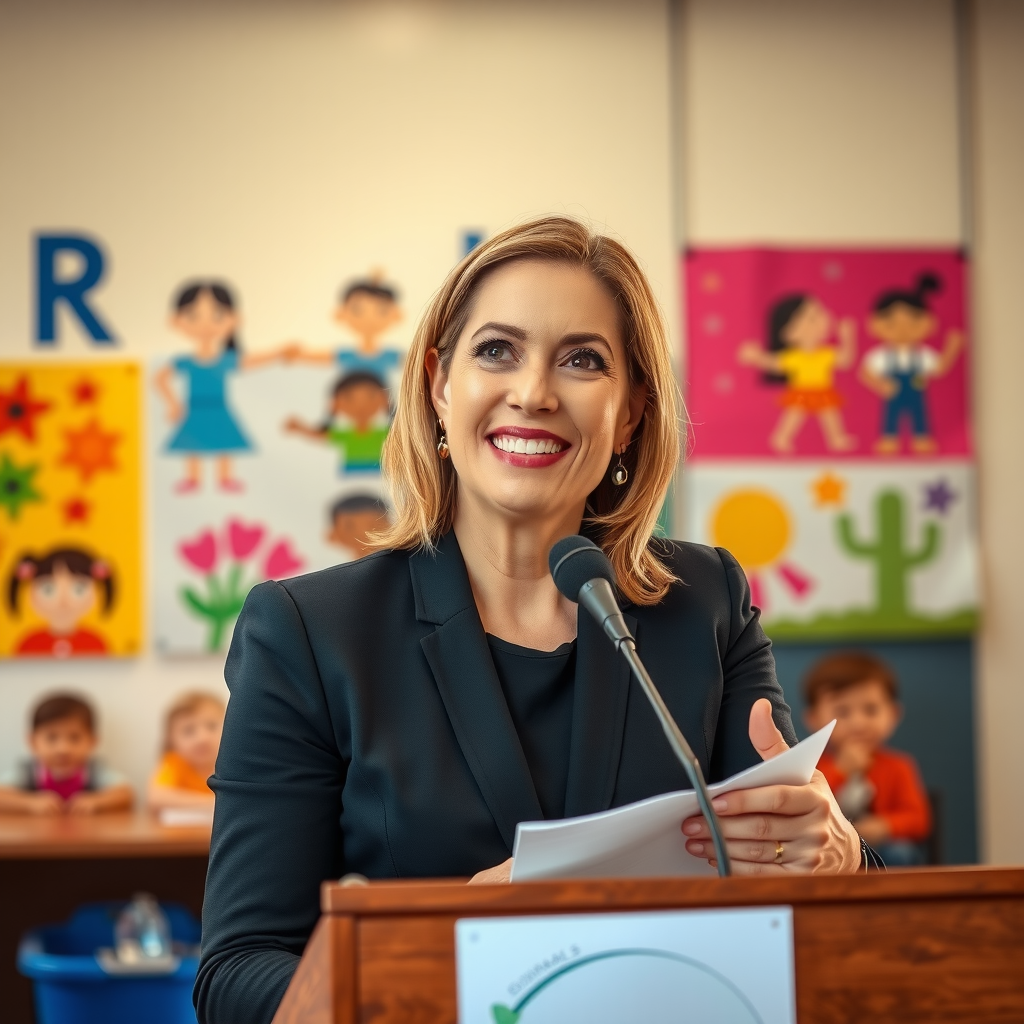 Professional woman in her 40s with warm smile speaking at podium, community center backdrop with colorful children's artwork on walls, natural lighting, inspirational atmosphere