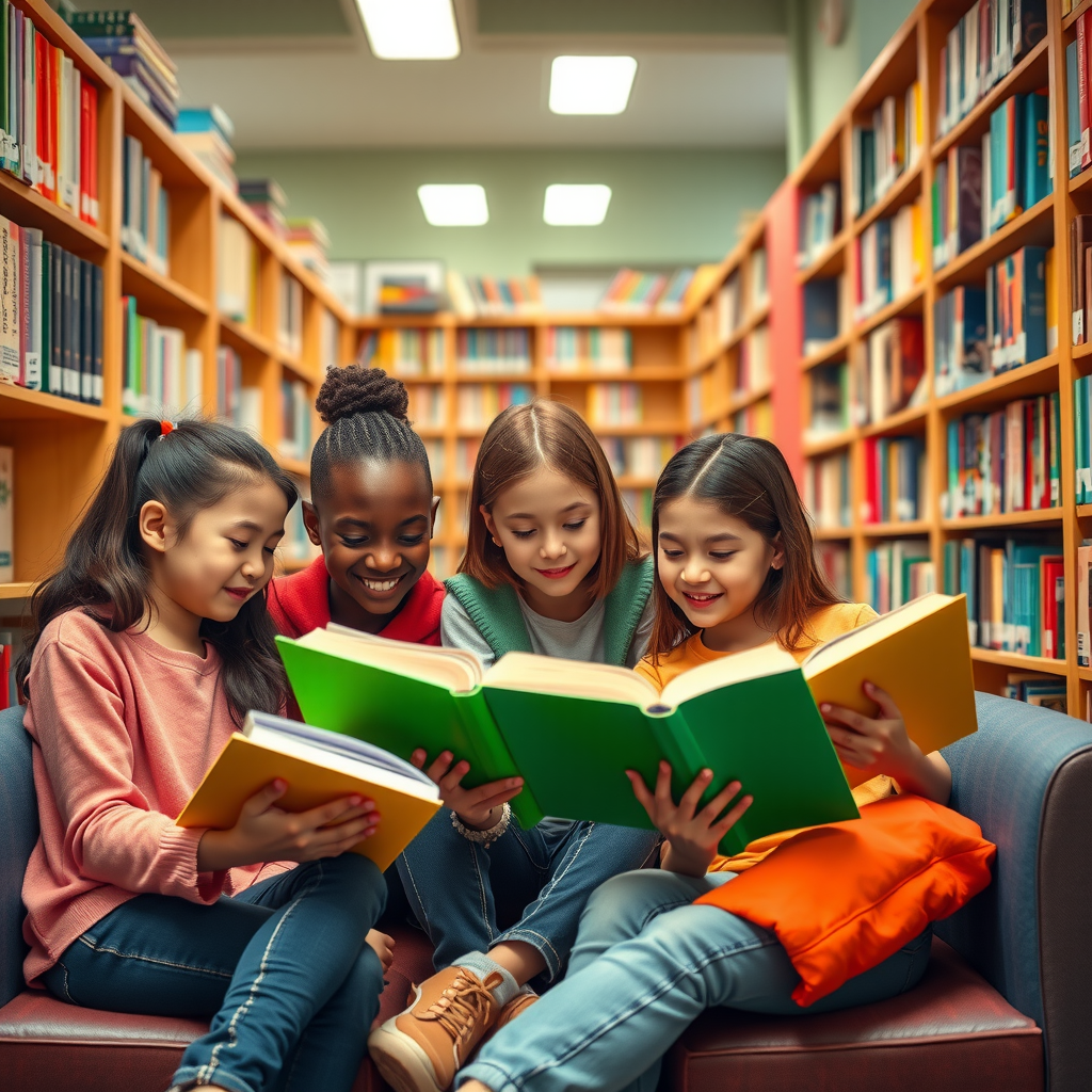 Young students of diverse backgrounds reading books together in a colorful, well-stocked library with floor-to-ceiling bookshelves and comfortable reading nooks