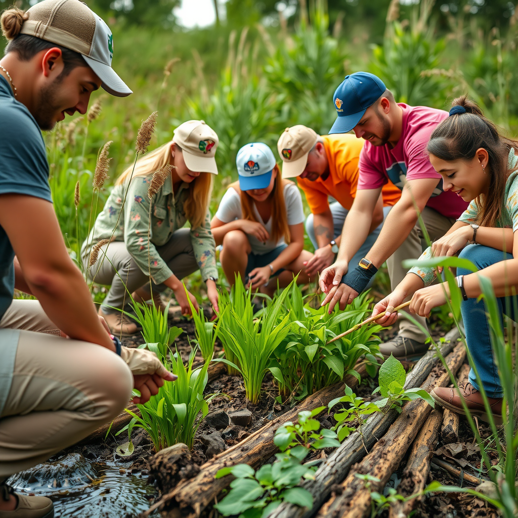 Community volunteers working together in wetlands restoration project planting native vegetation and removing invasive species