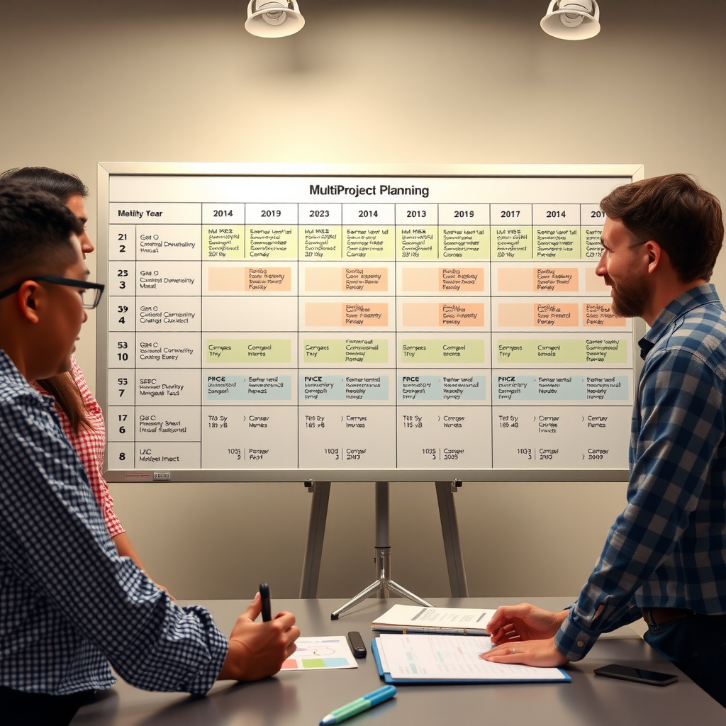 Strategic planning session with team members reviewing multi-year project timelines on a large board, showing sustainable development goals and community impact metrics