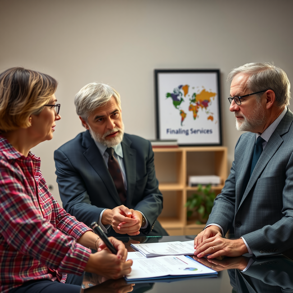 Professional financial advisor meeting with clients discussing tax benefits and estate planning documents