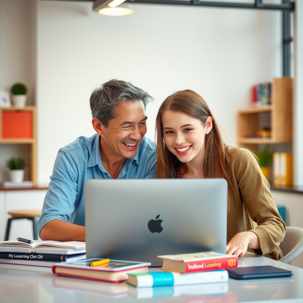 Adult mentor and teenage student working together at table with laptop and books, both smiling and engaged in conversation, bright modern learning space, collaborative atmosphere