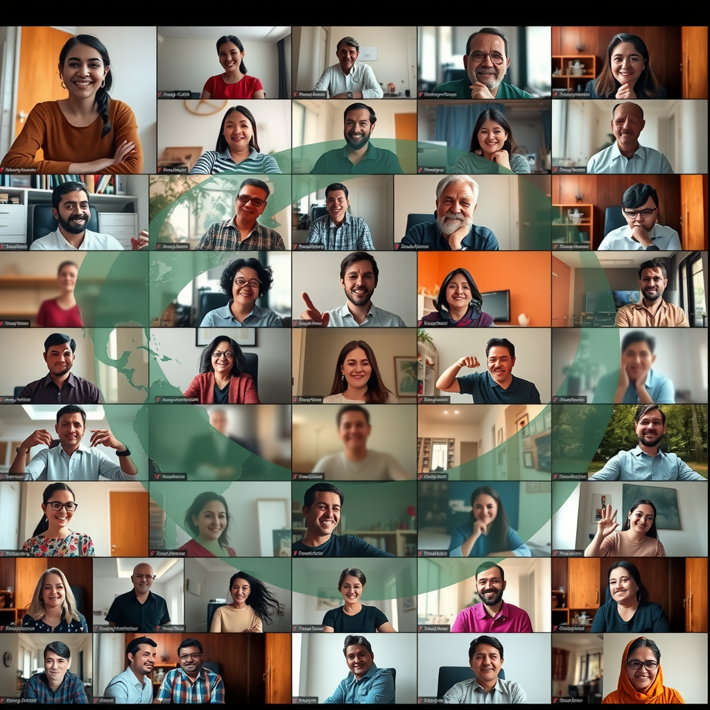 Collage of monthly donors from around the world connected through video calls, sharing stories and celebrating collective impact, with overlay graphics showing global reach