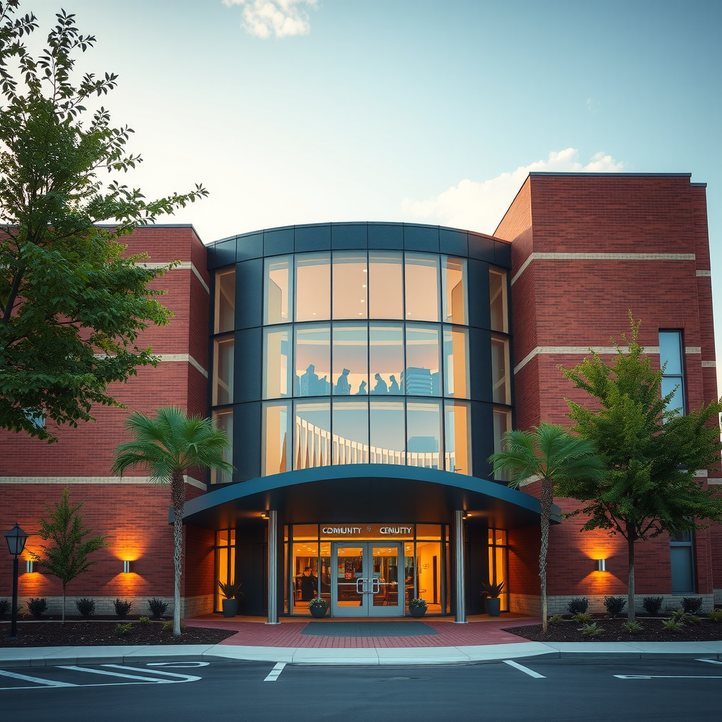 Community center building with modern architecture showing transformative impact of charitable giving