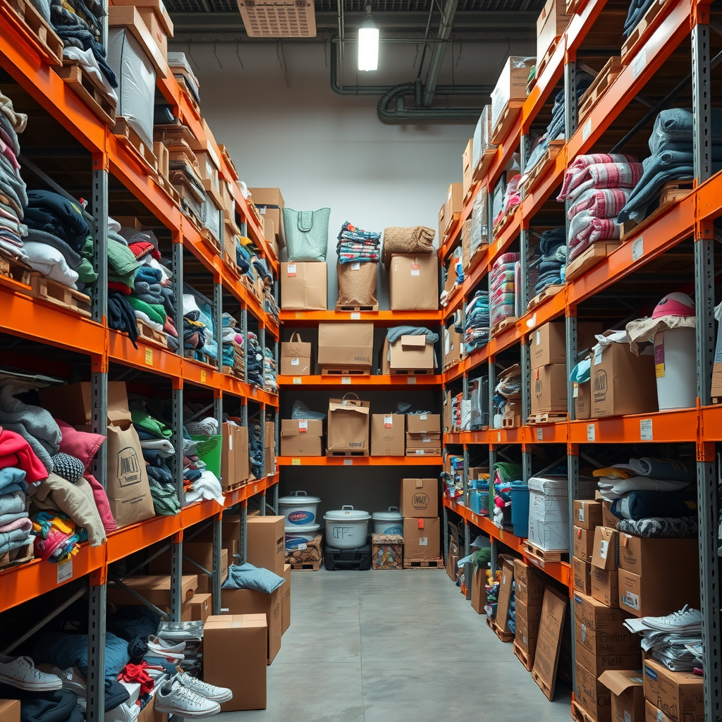 Organized warehouse shelves filled with donated goods including clothing, school supplies, household items, and equipment ready for distribution