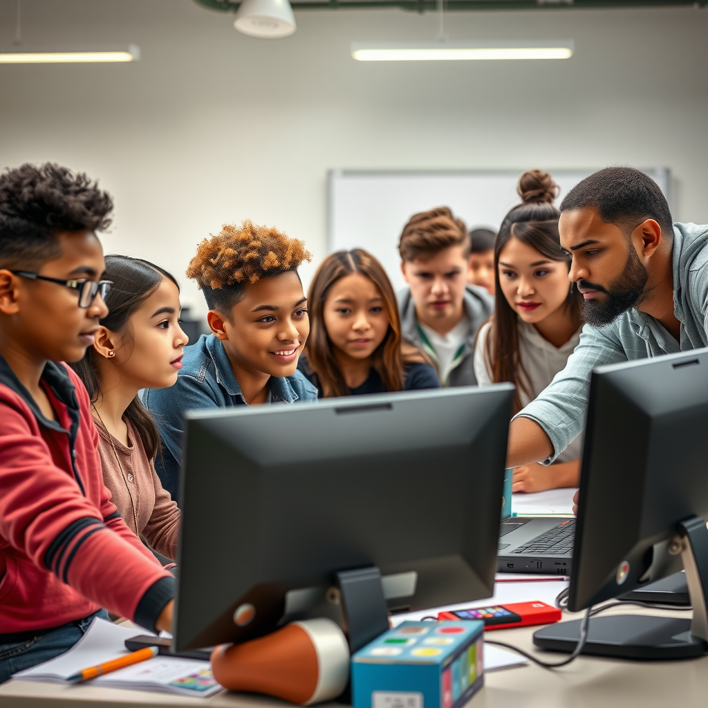 Diverse group of teenagers working on computers in modern classroom setting, instructor helping student, collaborative learning environment, technology and creativity visible