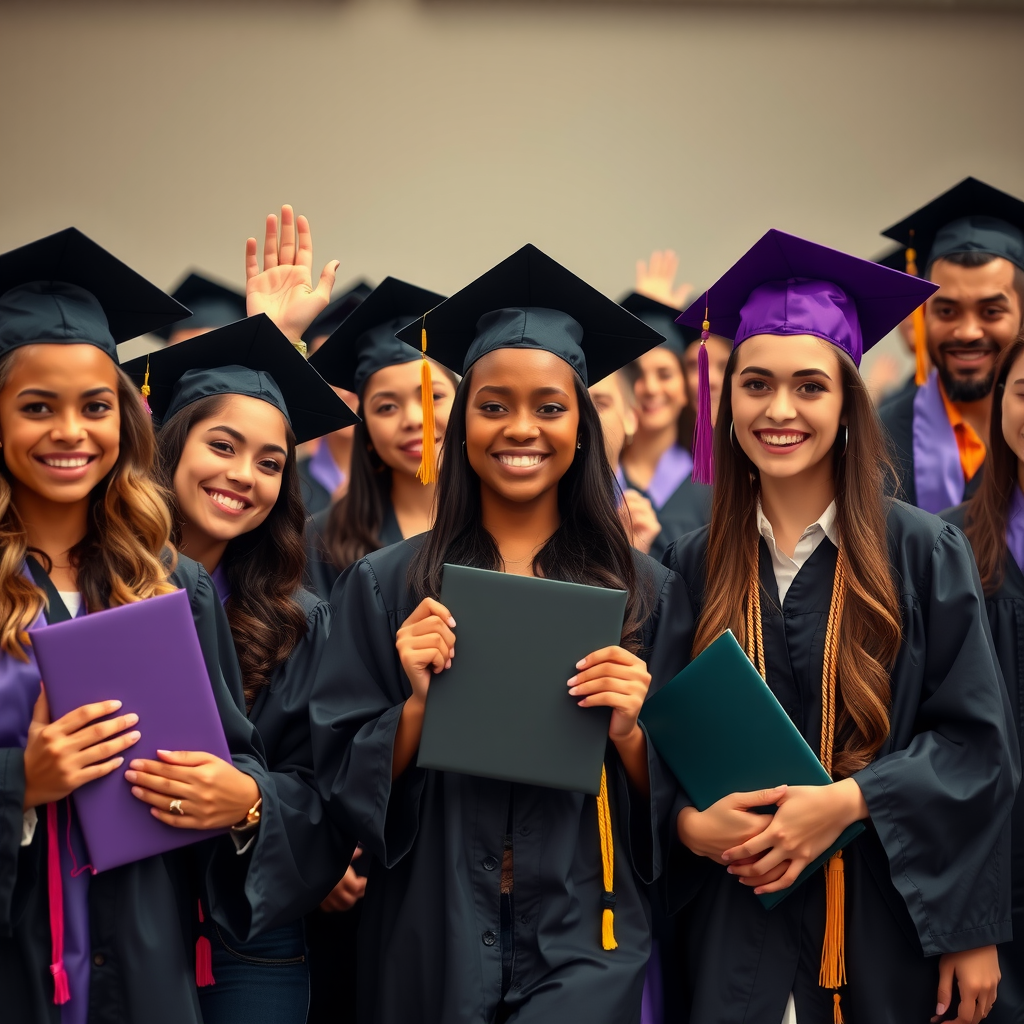Diverse group of high school graduates in caps and gowns celebrating their achievement, holding diplomas and smiling, with families in the background