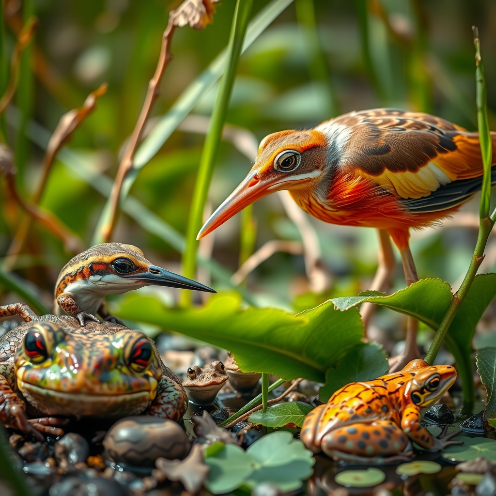 Close-up of endangered wetland wildlife including rare bird species and amphibians in their natural habitat showing biodiversity