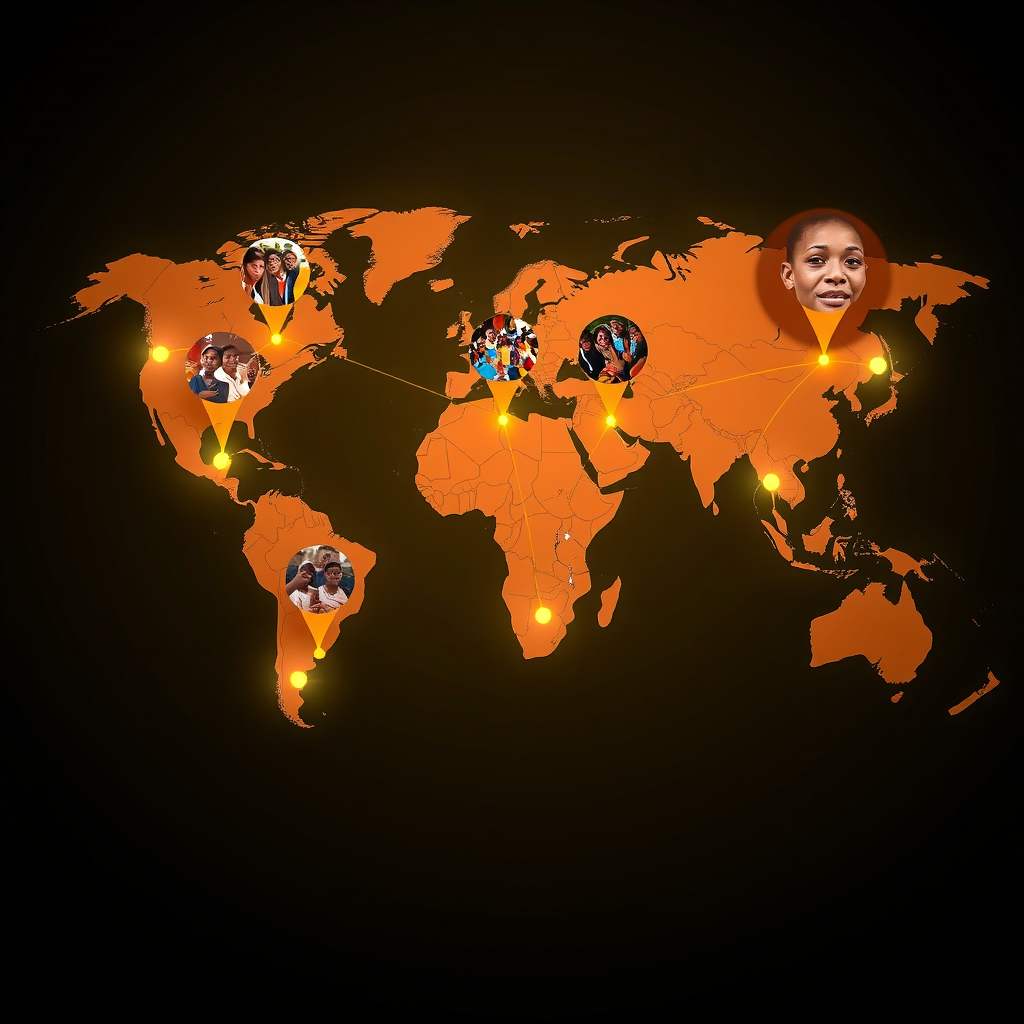 World map with glowing connection points showing locations of G A G projects, with photos of beneficiaries and community transformation stories overlaid on different continents