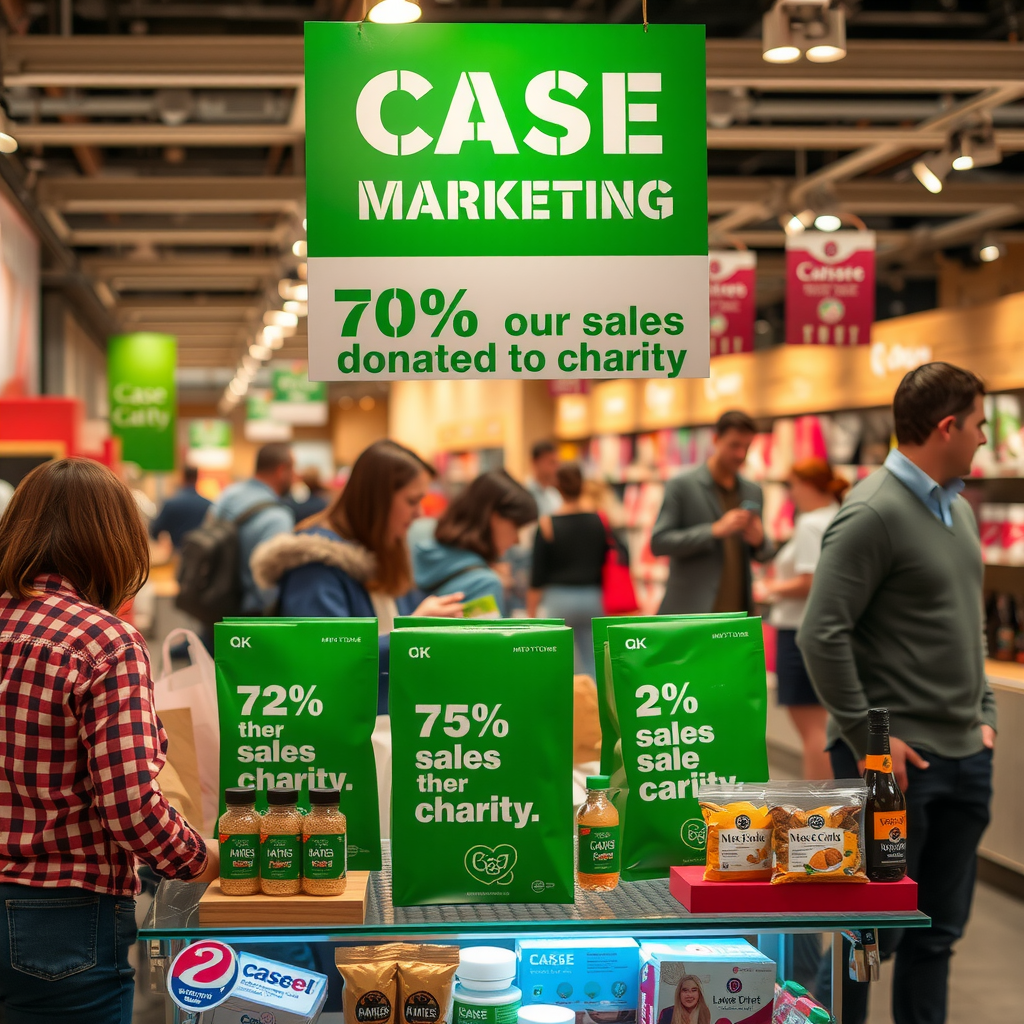 Product display with cause marketing signage showing percentage of sales donated to charity with customers shopping and engaging