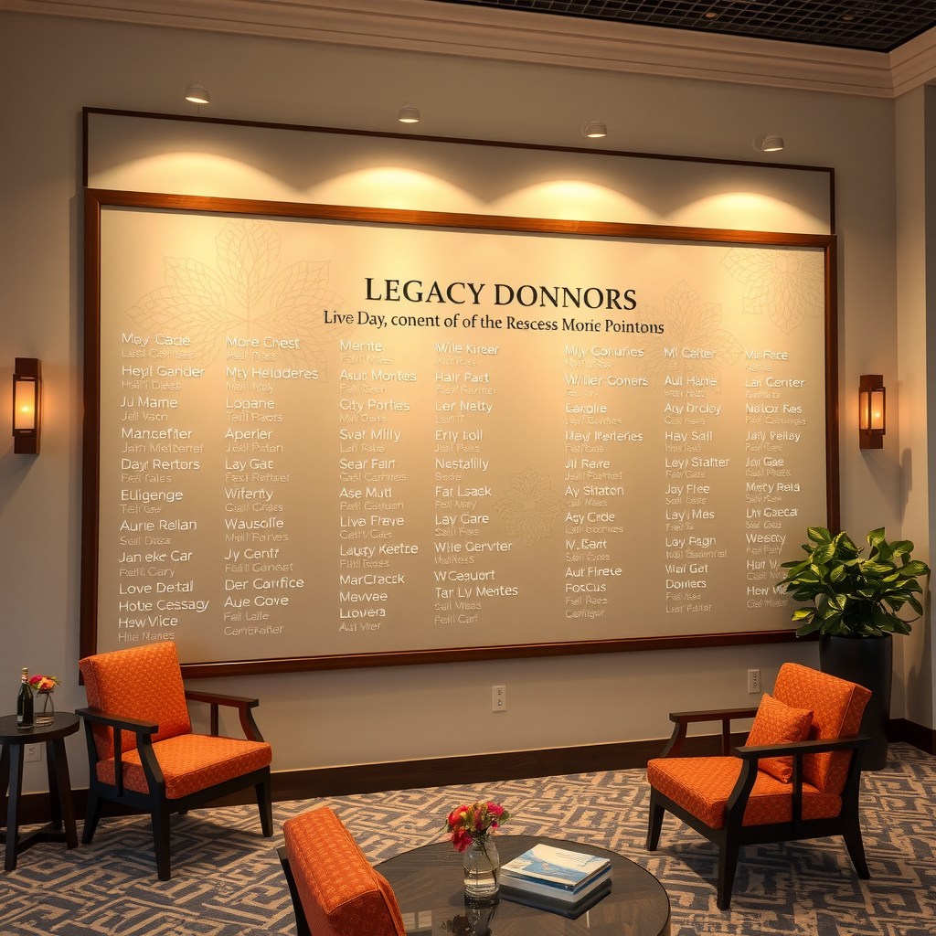 Elegant recognition wall displaying names of legacy donors in beautiful community space