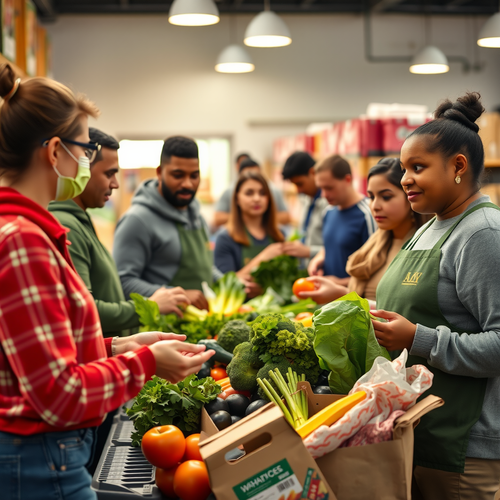 Volunteers distributing fresh food and groceries to families in need at a community food bank, demonstrating food security and housing assistance programs