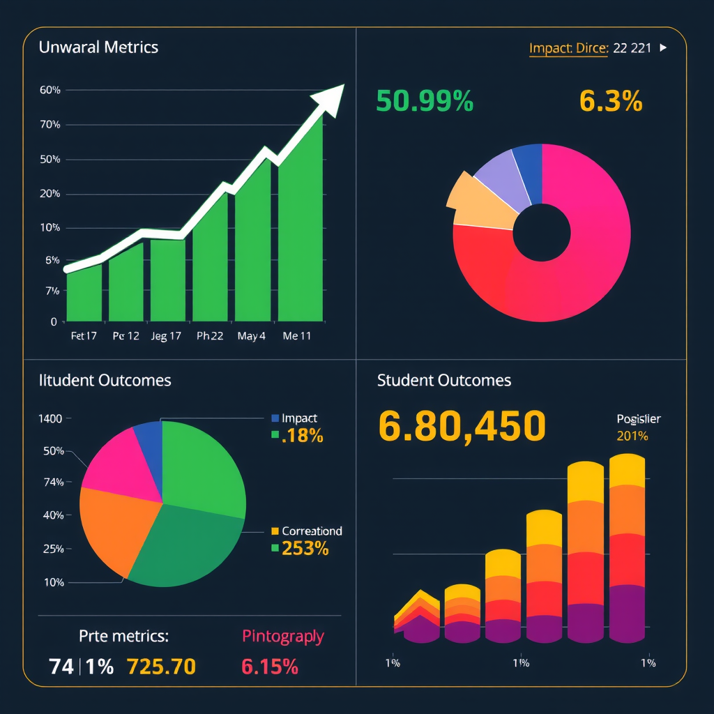 Professional data visualization showing upward trending graphs, pie charts, and impact metrics with clean design and colorful elements representing donation growth and student outcomes