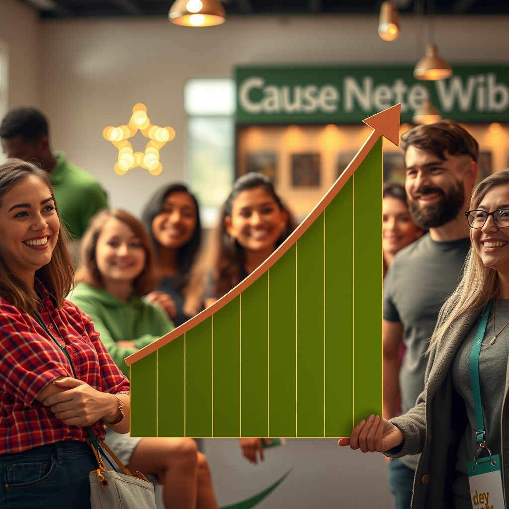 Graph showing upward trend in sales and donations during cause marketing campaign with happy customers