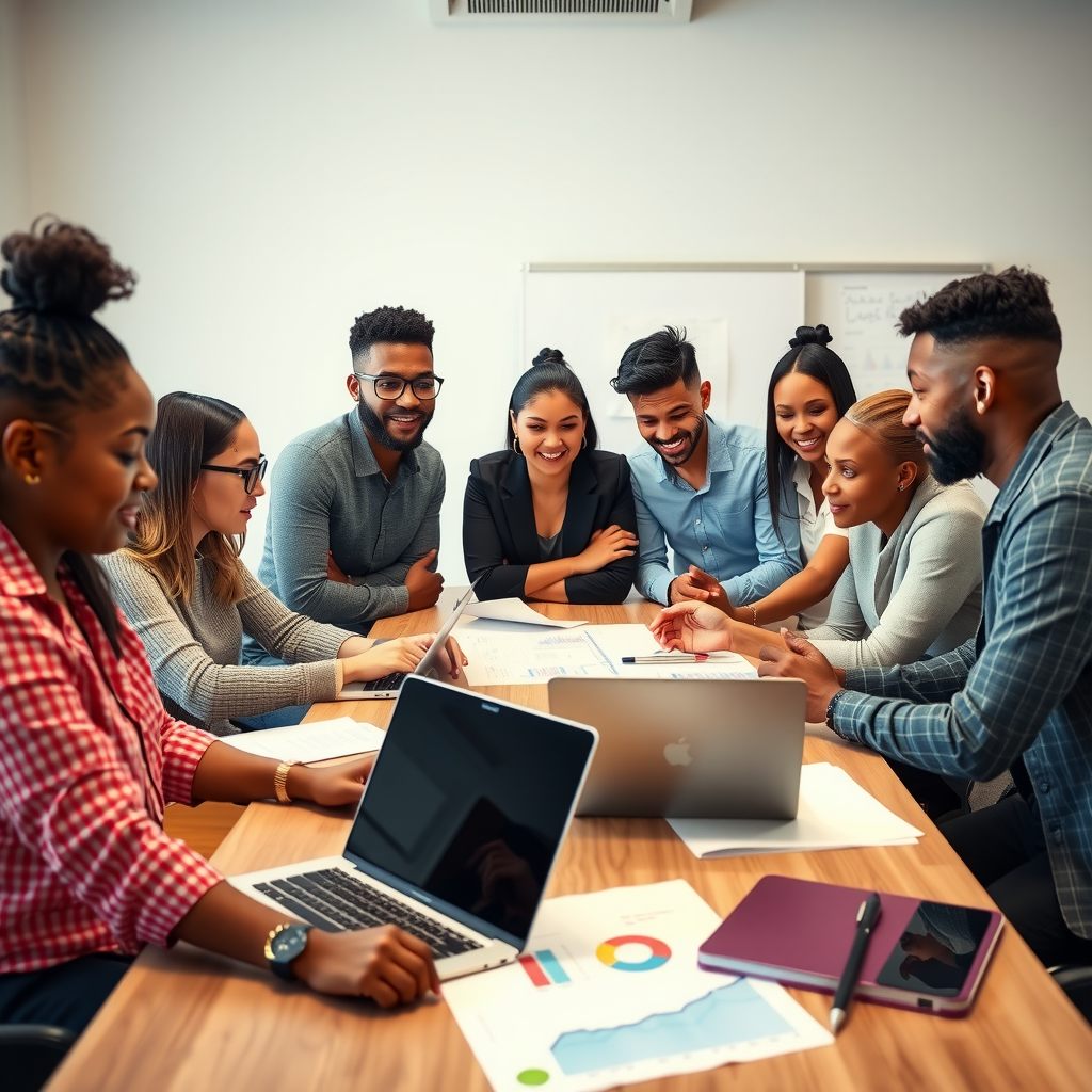 Diverse nonprofit team in a collaborative meeting discussing strategy, with laptops, charts, and planning materials spread across a conference table