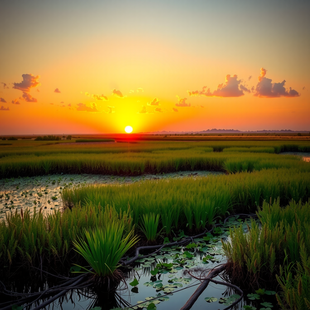 Protected wetlands at sunset with restored habitat showing thriving ecosystem and diverse wildlife representing conservation success