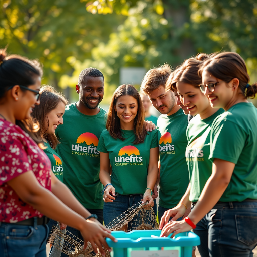 Corporate employees volunteering together at community service project, wearing company t-shirts and working with community members