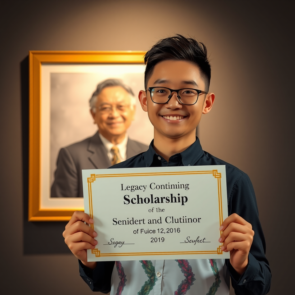 Scholarship recipient holding certificate with memorial photo of teacher in background showing legacy continuing