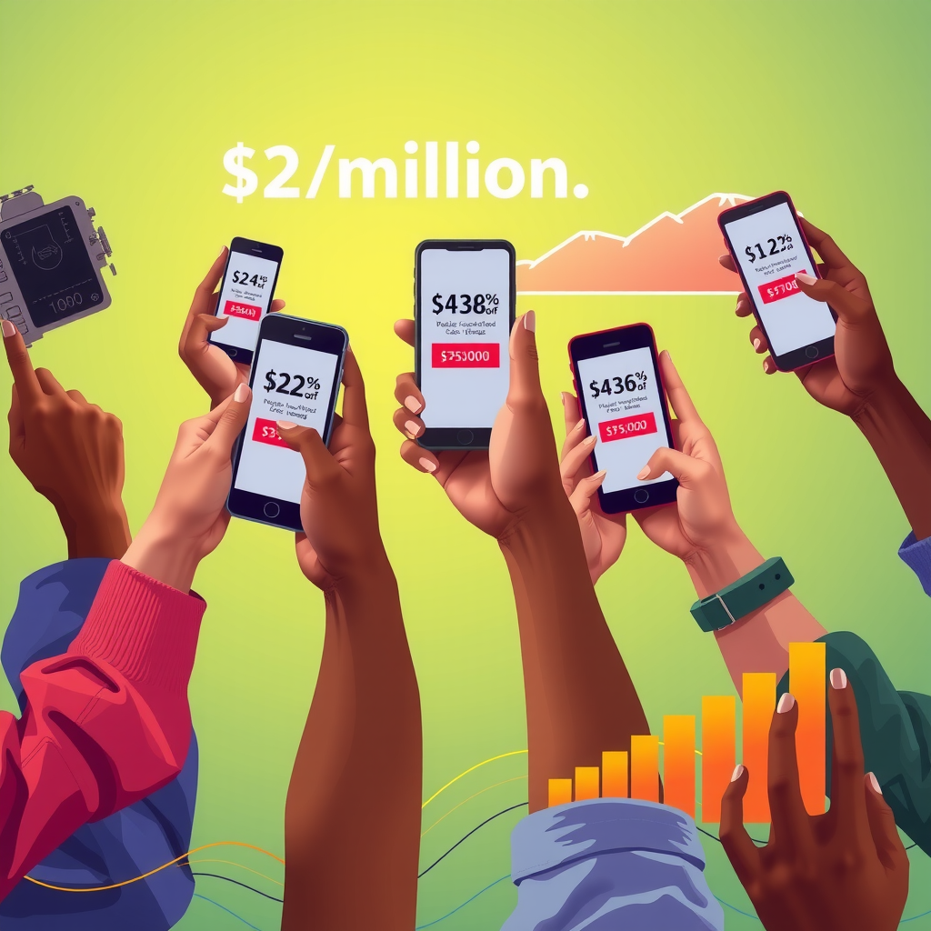 Digital illustration showing diverse hands holding smartphones making small donations, with visual representation of collective impact through graphs and charts showing $2 million raised for educational scholarships and technology access
