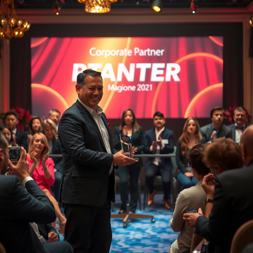 Corporate partner receiving recognition award at gala event with applauding audience and branded backdrop