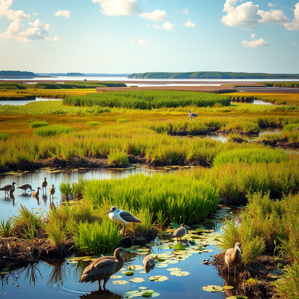 Beautiful wetland landscape with diverse wildlife including birds and aquatic animals, showing protected natural habitat with volunteers and environmental activists celebrating conservation success