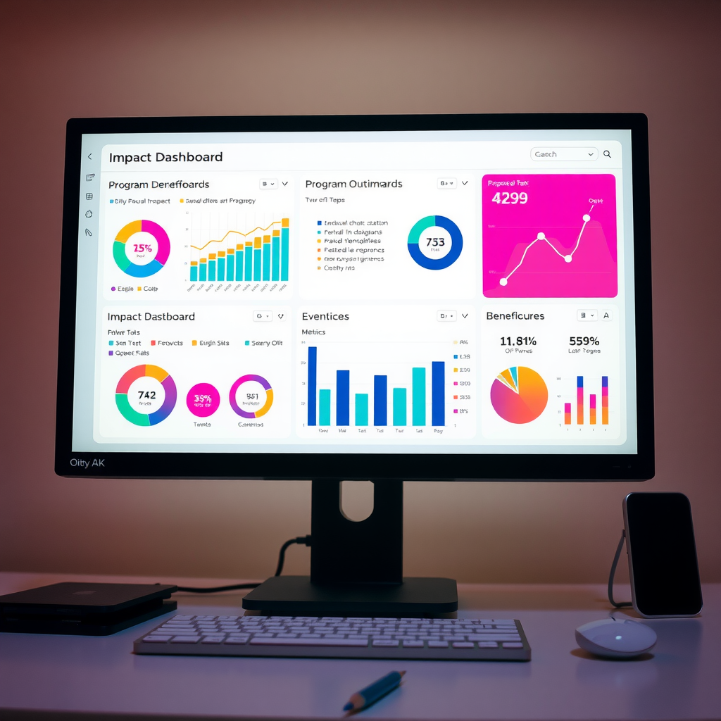 Computer screen displaying interactive impact dashboard with charts, graphs, and metrics showing program outcomes and beneficiary data